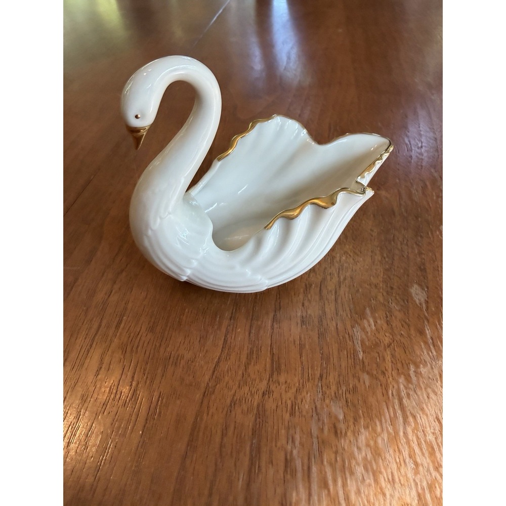 Vintage Lenox Ivory Porcelain Open Tail Swan Dish 5"L Gold Trim USA